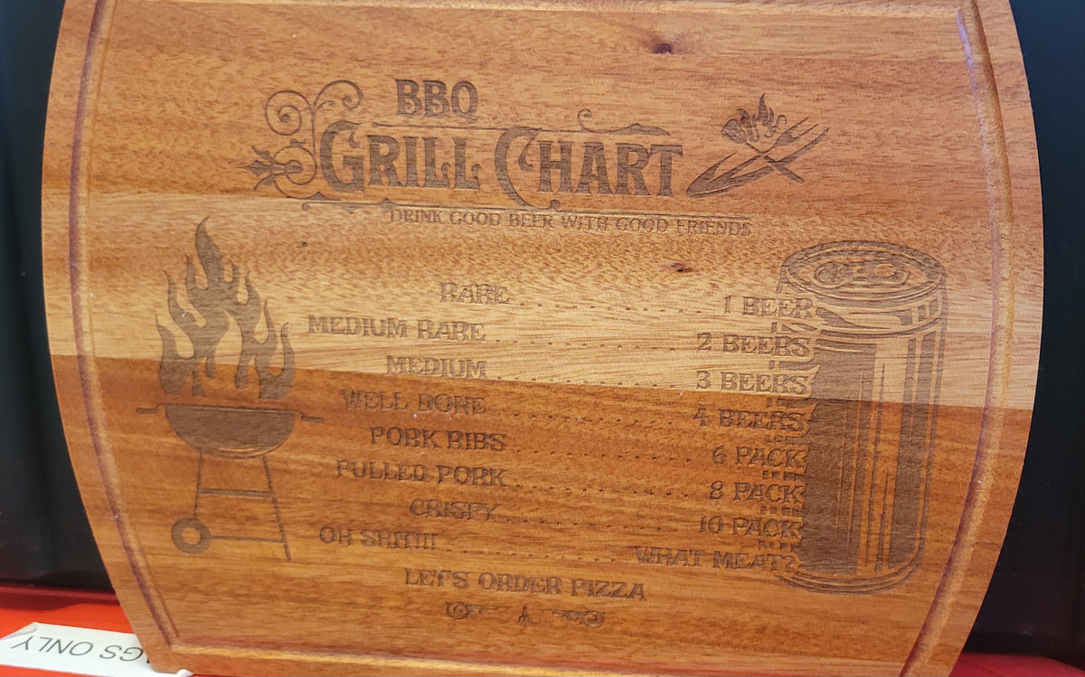 A curved wooden BBQ Grill Chart plaque engraved with a beverage and food pairing guide, featuring a grill, flame, beer cans, and text listing beer levels with food options.