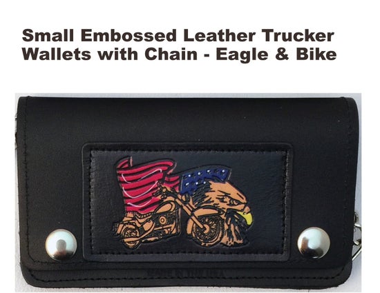 Black leather trucker wallet with an eagle and motorcycle patch on the front flap, featuring two silver snap buttons, shown against a white background with text at the top.